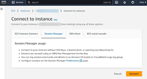 Click on Connect to make a connection with an EC2 Instance using SSM